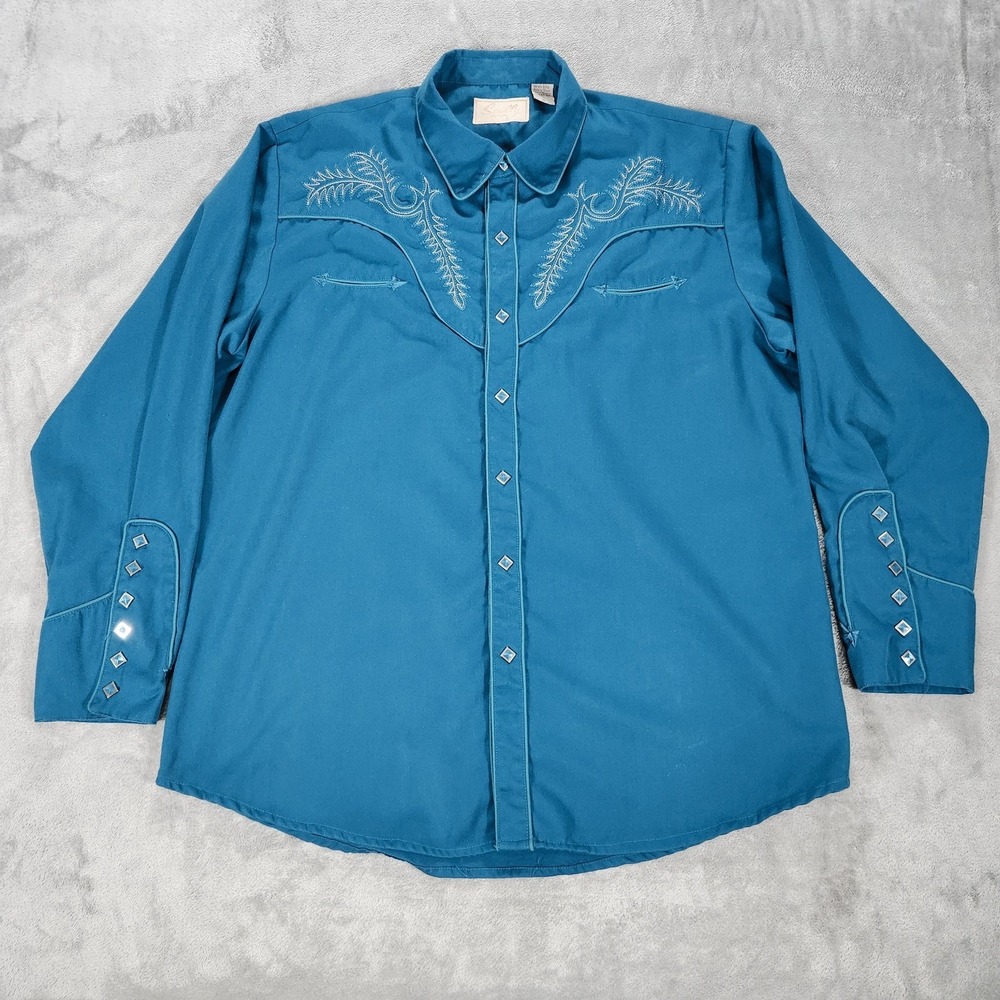 Scully Shirt Mens XL Blue‎ Western Embroidered Diamond Pearl Snap Rockabilly